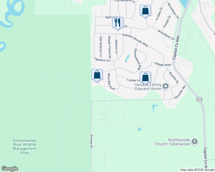 map of restaurants, bars, coffee shops, grocery stores, and more near 4432 Blue Bill Pass in Tallahassee