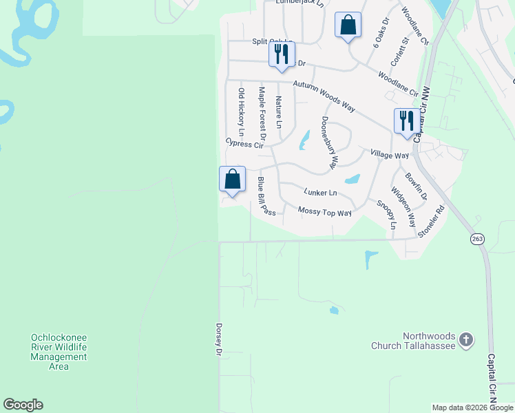 map of restaurants, bars, coffee shops, grocery stores, and more near 4432 Blue Bill Pass in Tallahassee