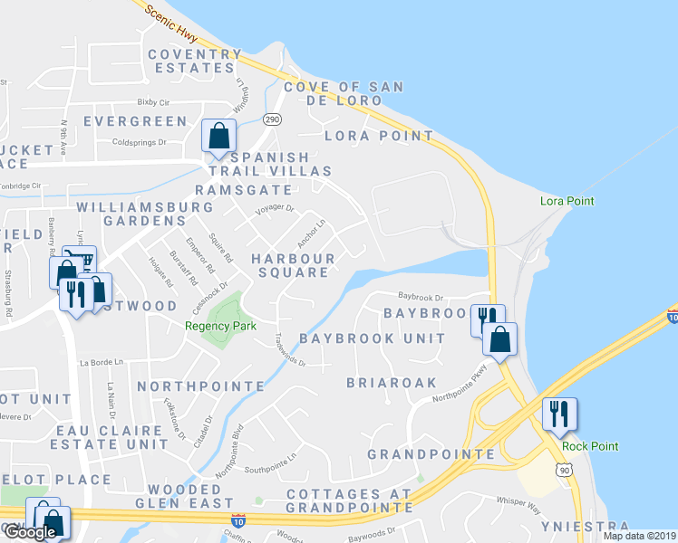 map of restaurants, bars, coffee shops, grocery stores, and more near 4757 Tradewinds Drive in Pensacola