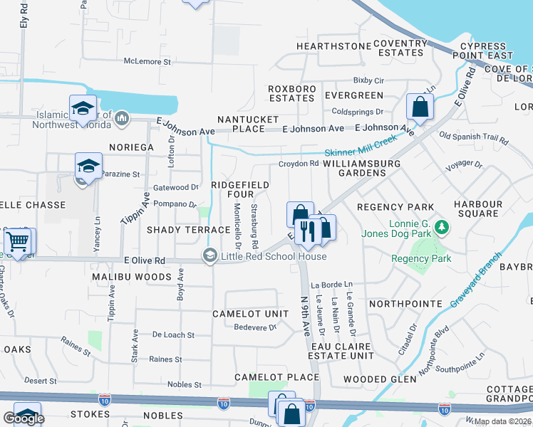 map of restaurants, bars, coffee shops, grocery stores, and more near 8290 Strasburg Road in Pensacola