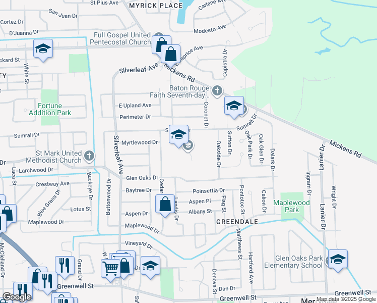map of restaurants, bars, coffee shops, grocery stores, and more near 6650 Cedar Grove Drive in Baton Rouge