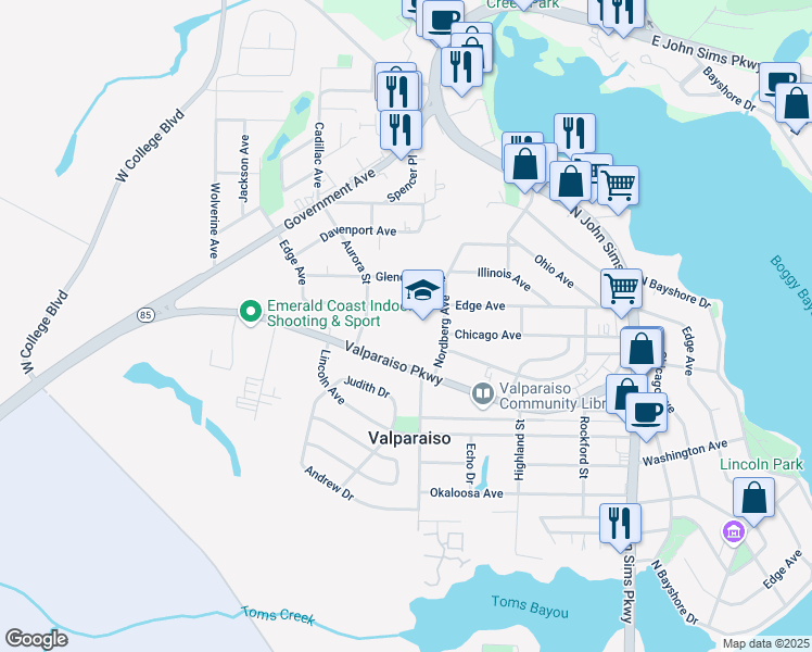 map of restaurants, bars, coffee shops, grocery stores, and more near 379 Edge Avenue in Valparaiso