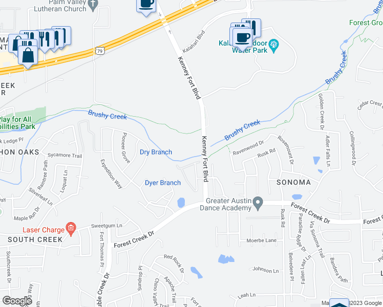 map of restaurants, bars, coffee shops, grocery stores, and more near 970 Kenney Fort Crossing in Round Rock