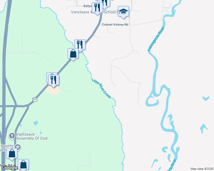 map of restaurants, bars, coffee shops, grocery stores, and more near 11708 Bluff Ridge Road in Vancleave