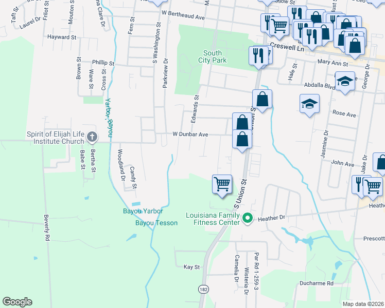 map of restaurants, bars, coffee shops, grocery stores, and more near 2038 Edwards Street in Opelousas