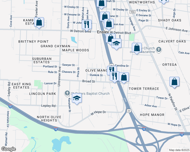 map of restaurants, bars, coffee shops, grocery stores, and more near 775 Dunkirk Street in Pensacola
