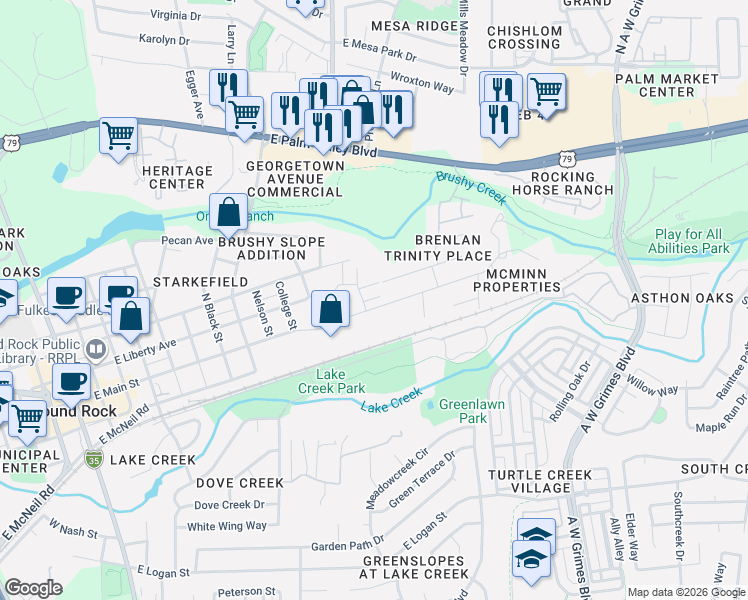 map of restaurants, bars, coffee shops, grocery stores, and more near 1400 Circle Drive in Round Rock