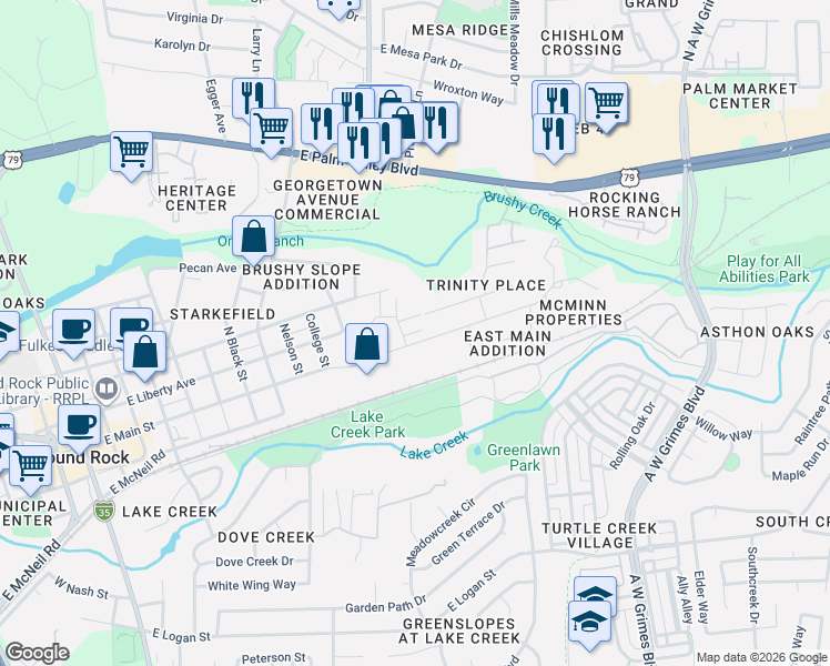 map of restaurants, bars, coffee shops, grocery stores, and more near 1400 Circle Drive in Round Rock