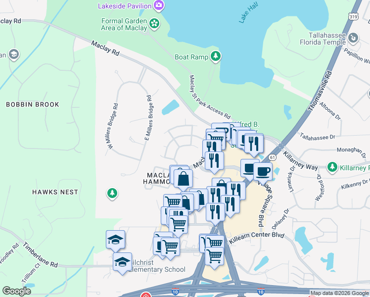 map of restaurants, bars, coffee shops, grocery stores, and more near 1333 Old Village Road in Tallahassee