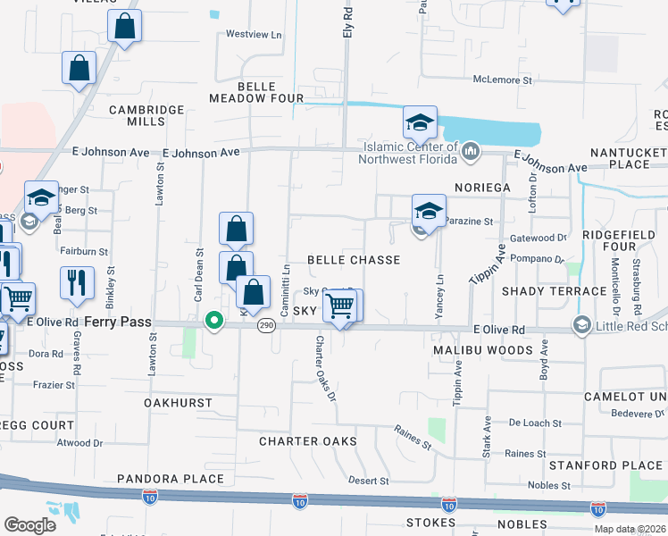 map of restaurants, bars, coffee shops, grocery stores, and more near 2970 Nola Avenue in Pensacola