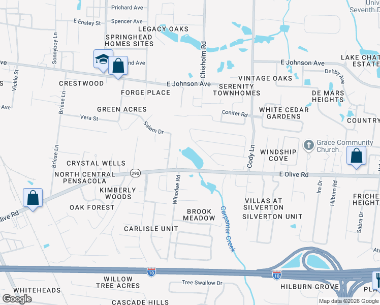 map of restaurants, bars, coffee shops, grocery stores, and more near 1264 Mazurek Boulevard in Pensacola