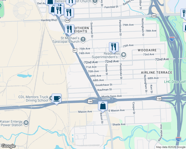map of restaurants, bars, coffee shops, grocery stores, and more near 1909 70th Avenue in Baton Rouge
