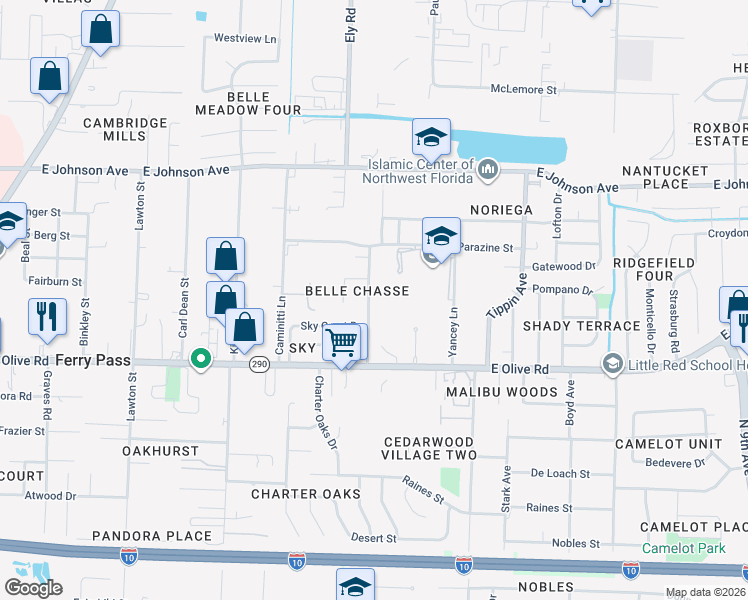 map of restaurants, bars, coffee shops, grocery stores, and more near 8219 Lode Star Avenue in Pensacola