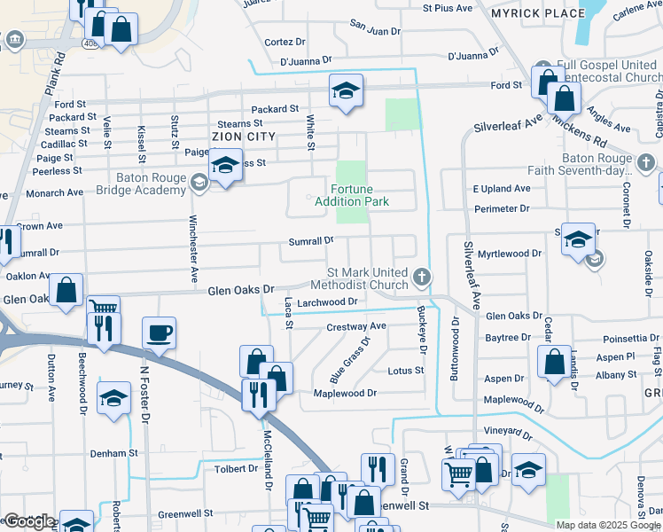 map of restaurants, bars, coffee shops, grocery stores, and more near 6780 Ash Drive in Baton Rouge