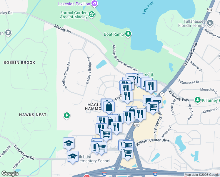 map of restaurants, bars, coffee shops, grocery stores, and more near 1333 Old Village Road in Tallahassee