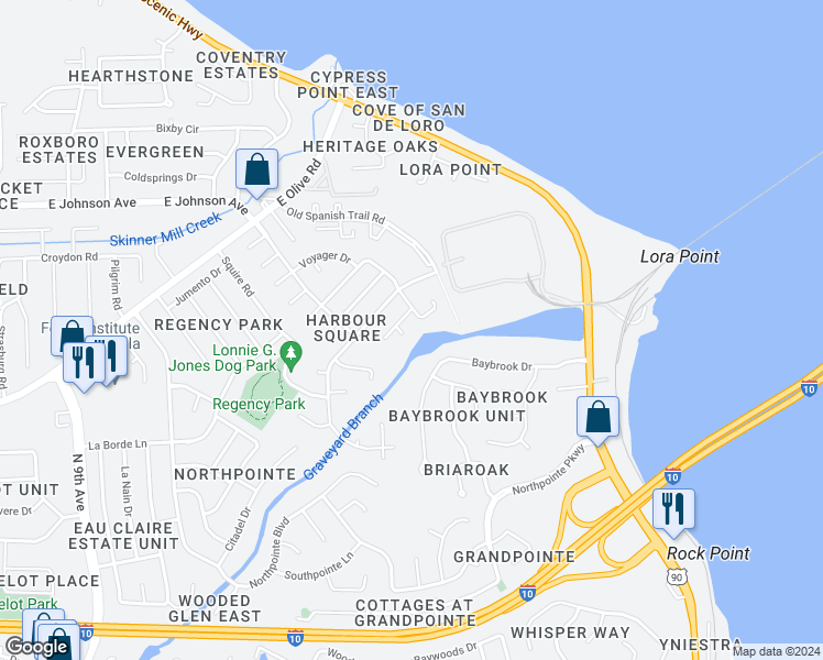 map of restaurants, bars, coffee shops, grocery stores, and more near 4909 Yacht Harbor Circle in Pensacola