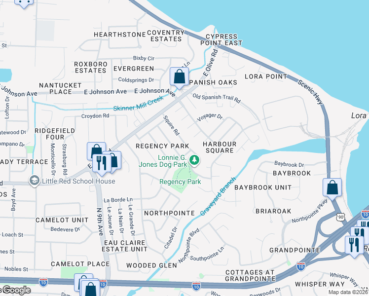 map of restaurants, bars, coffee shops, grocery stores, and more near 8212 Squire Road in Pensacola