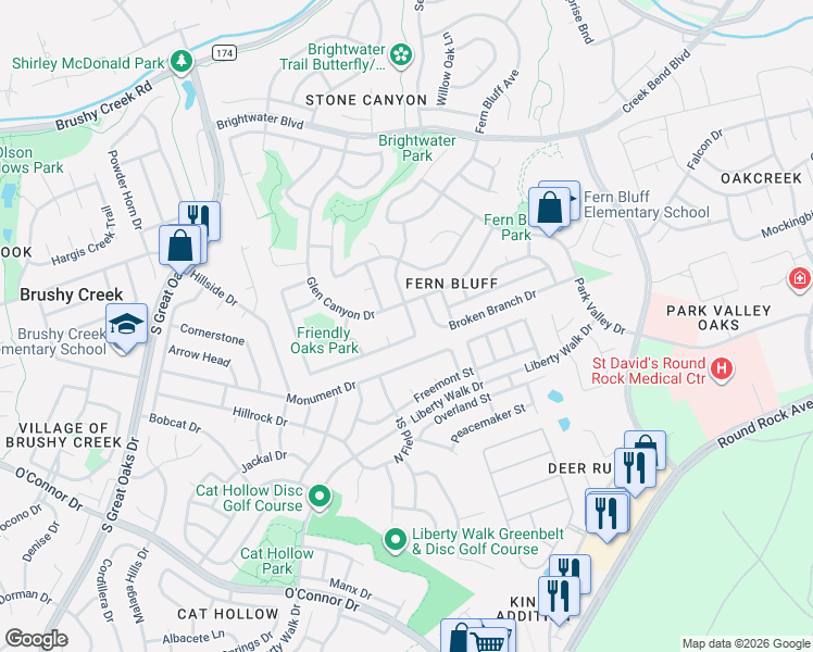 map of restaurants, bars, coffee shops, grocery stores, and more near 17512 Klamath Falls Drive in Round Rock