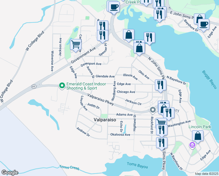 map of restaurants, bars, coffee shops, grocery stores, and more near 379 Edge Avenue in Valparaiso