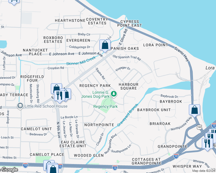 map of restaurants, bars, coffee shops, grocery stores, and more near 8212 Squire Road in Pensacola