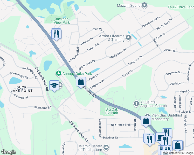 map of restaurants, bars, coffee shops, grocery stores, and more near 2143 Faulk Drive in Tallahassee