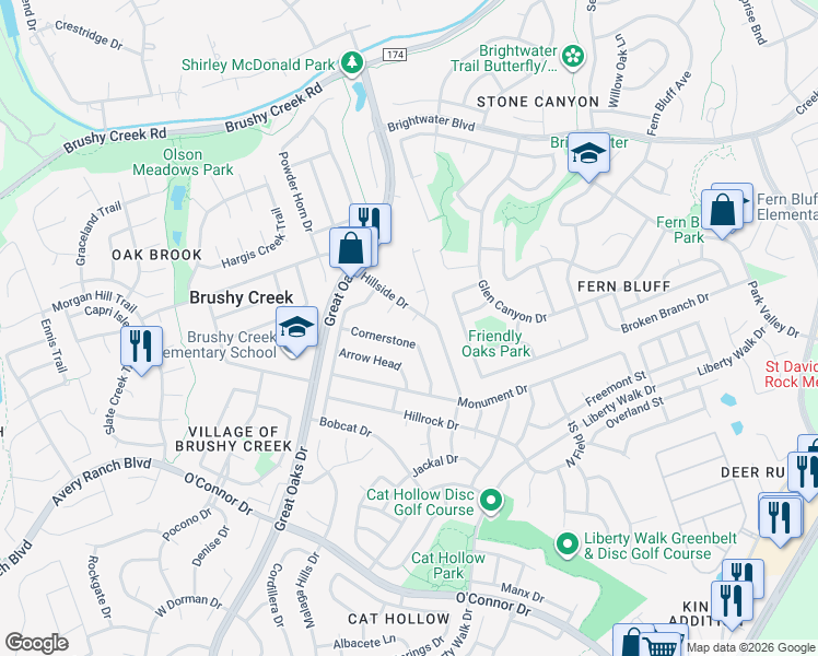 map of restaurants, bars, coffee shops, grocery stores, and more near 500 Side Cove in Round Rock
