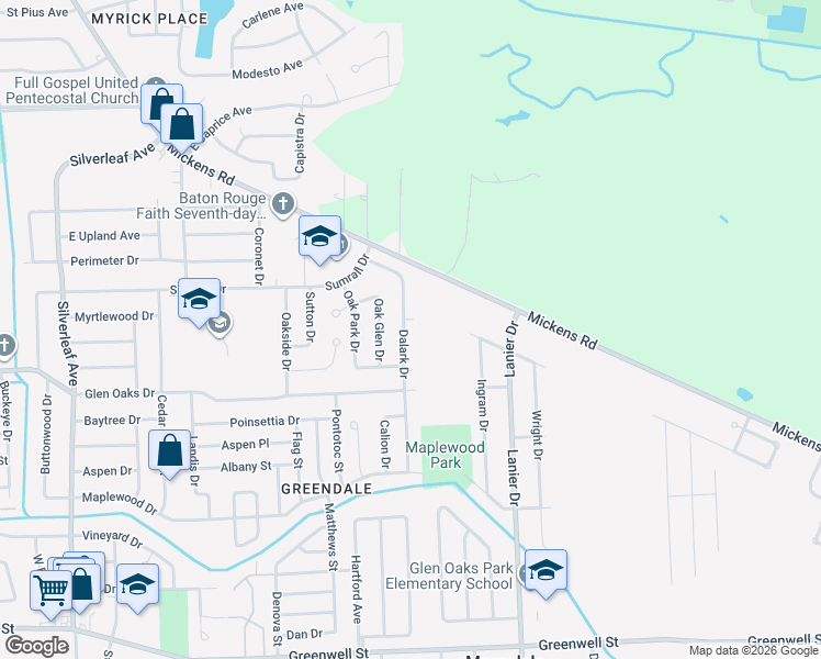map of restaurants, bars, coffee shops, grocery stores, and more near 7907 Oak Apple Avenue in Baton Rouge