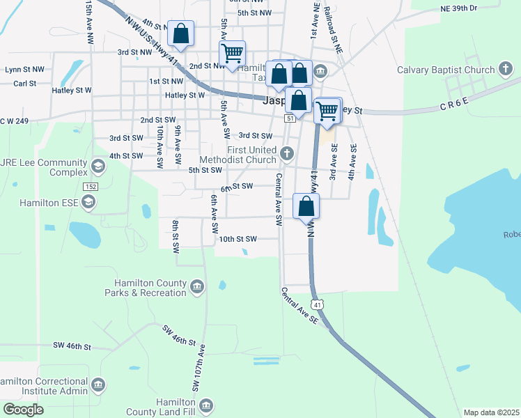 map of restaurants, bars, coffee shops, grocery stores, and more near 128 7th Street Southwest in Jasper