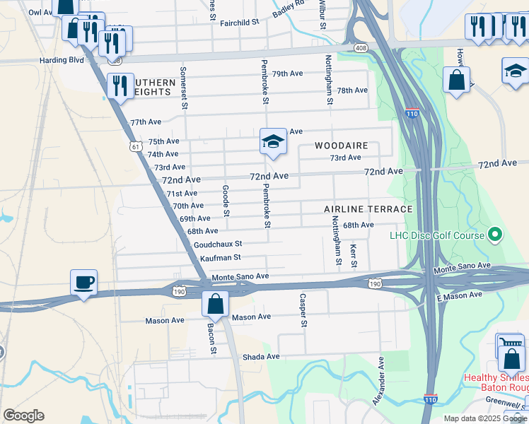 map of restaurants, bars, coffee shops, grocery stores, and more near 2295 69th Avenue in Baton Rouge