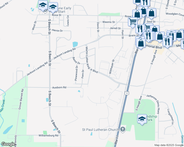 map of restaurants, bars, coffee shops, grocery stores, and more near 1201 Kingsway Drive in Picayune
