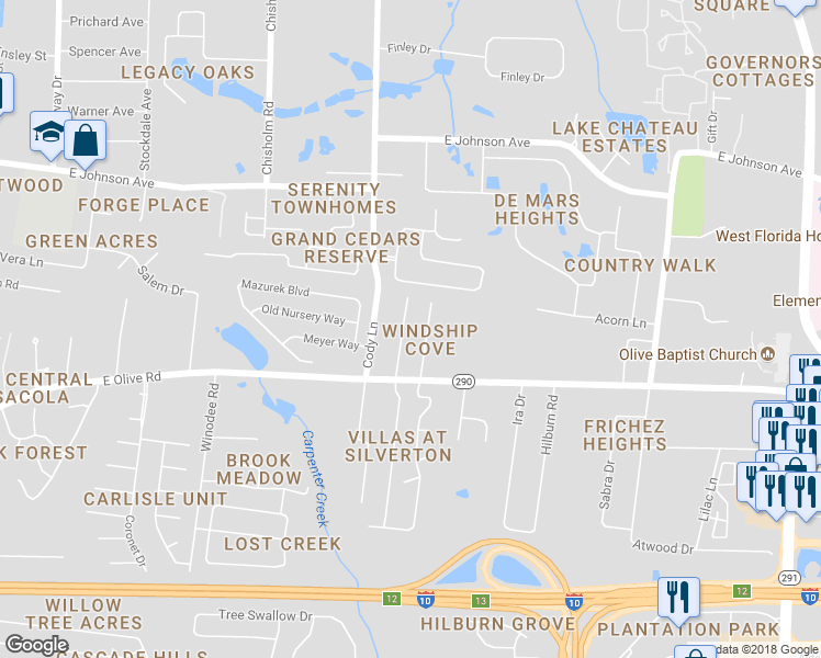 map of restaurants, bars, coffee shops, grocery stores, and more near 8156 Stonebrook Drive in Pensacola