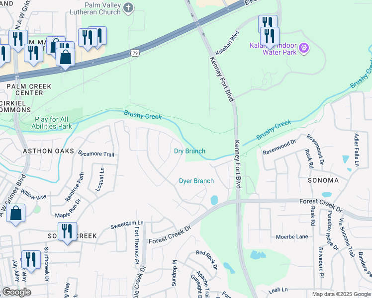 map of restaurants, bars, coffee shops, grocery stores, and more near 2351 Centennial Loop in Round Rock