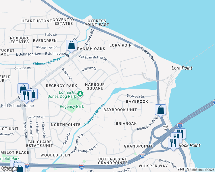 map of restaurants, bars, coffee shops, grocery stores, and more near 4999 Yacht Harbor Circle in Pensacola