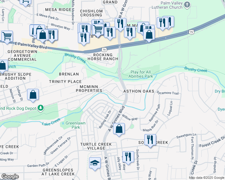 map of restaurants, bars, coffee shops, grocery stores, and more near 1950 A.W. Grimes Boulevard in Round Rock