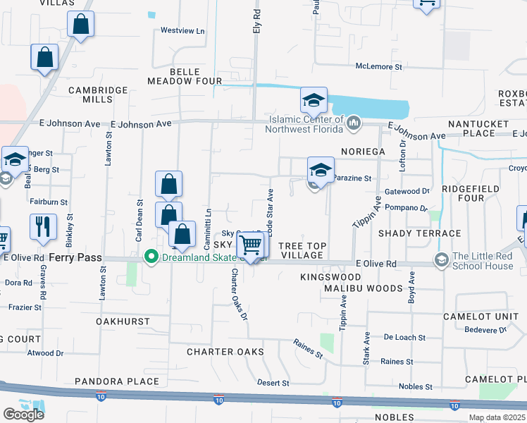 map of restaurants, bars, coffee shops, grocery stores, and more near 8219 Lode Star Avenue in Pensacola