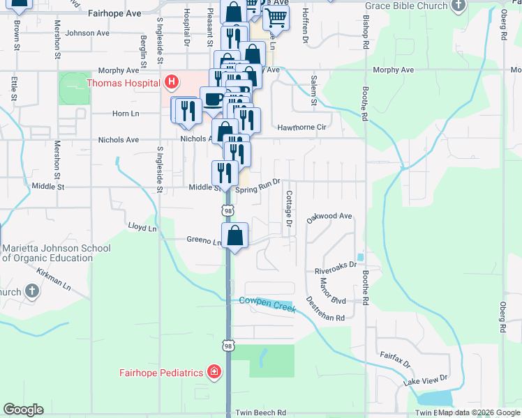 map of restaurants, bars, coffee shops, grocery stores, and more near 950 Spring Run Drive in Fairhope