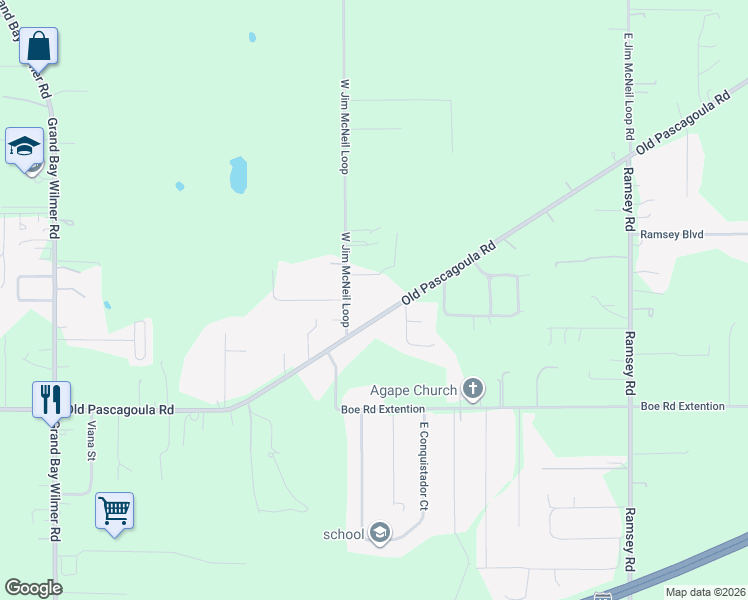 map of restaurants, bars, coffee shops, grocery stores, and more near 11756 Old Pascagoula Road in Grand Bay