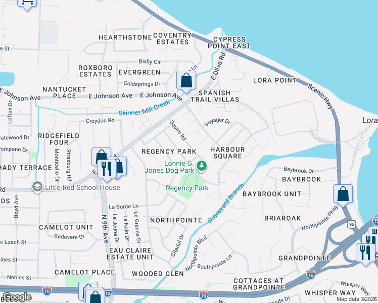 map of restaurants, bars, coffee shops, grocery stores, and more near 8212 Squire Road in Pensacola