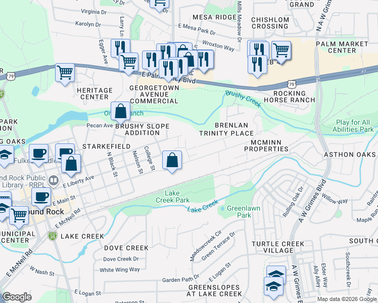 map of restaurants, bars, coffee shops, grocery stores, and more near 1400 Circle Drive in Round Rock