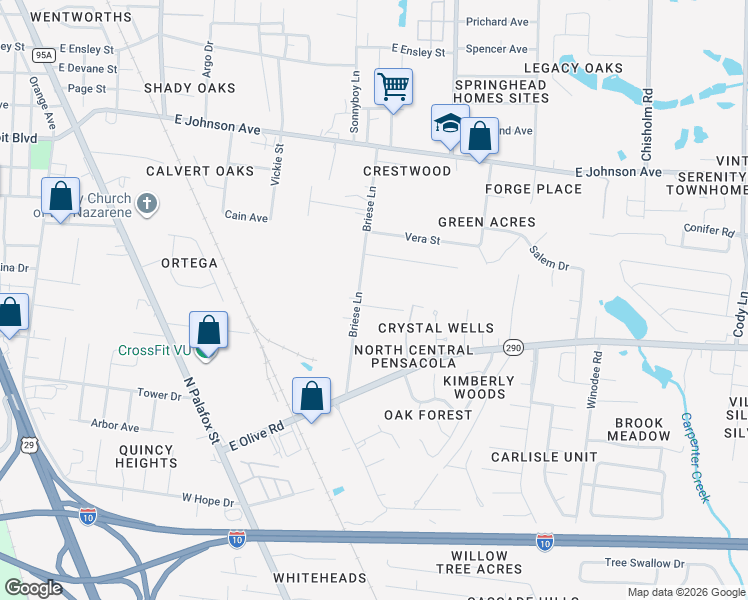 map of restaurants, bars, coffee shops, grocery stores, and more near 8246 Briese Ln in Pensacola