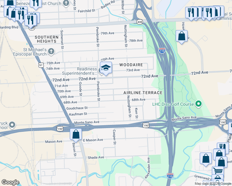 map of restaurants, bars, coffee shops, grocery stores, and more near 2580 70th Avenue in Baton Rouge