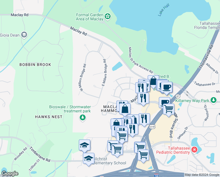 map of restaurants, bars, coffee shops, grocery stores, and more near 1300 Fern Hill Court in Tallahassee