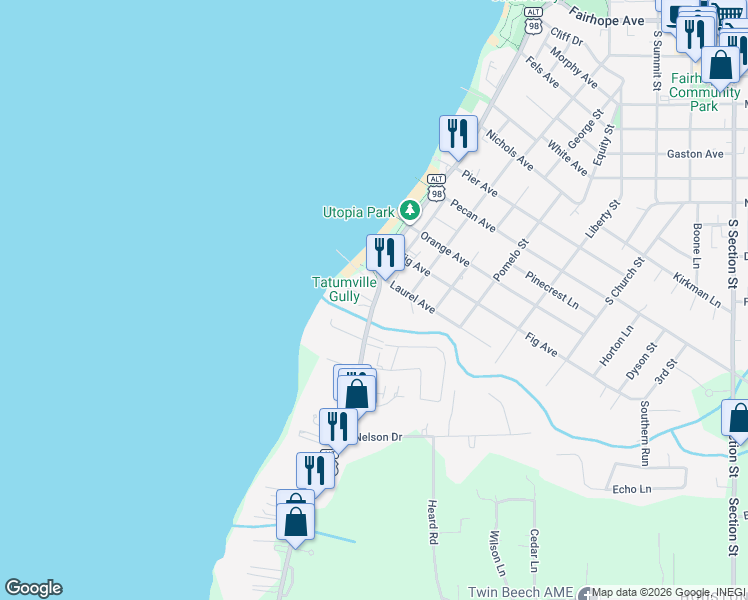 map of restaurants, bars, coffee shops, grocery stores, and more near 739 South Mobile Street in Fairhope