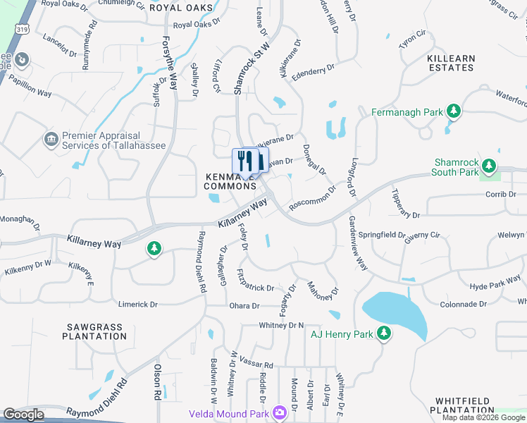 map of restaurants, bars, coffee shops, grocery stores, and more near 2711 Killarney Way in Tallahassee