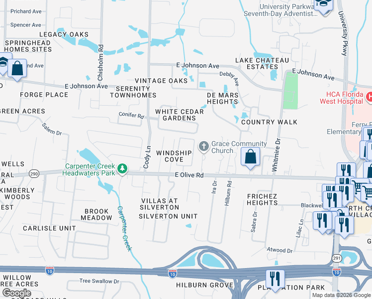 map of restaurants, bars, coffee shops, grocery stores, and more near 1040 East Olive Road in Pensacola