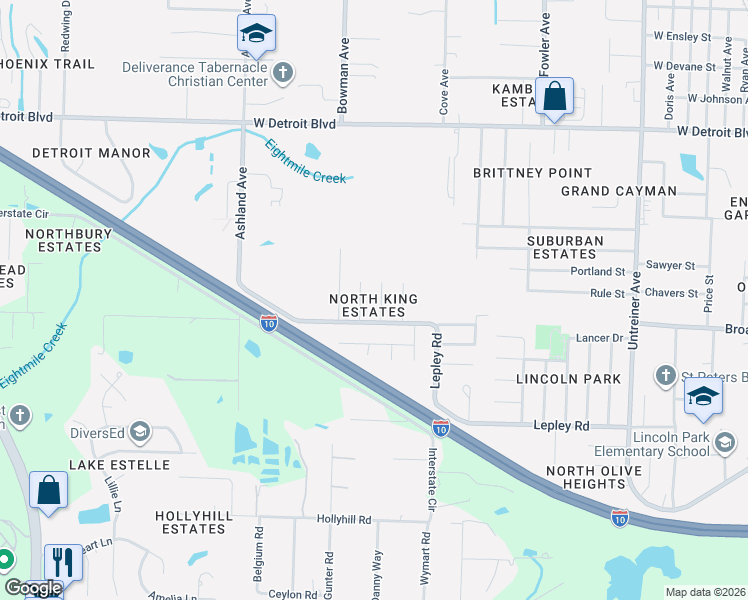 map of restaurants, bars, coffee shops, grocery stores, and more near 7950 Perth Avenue in Pensacola