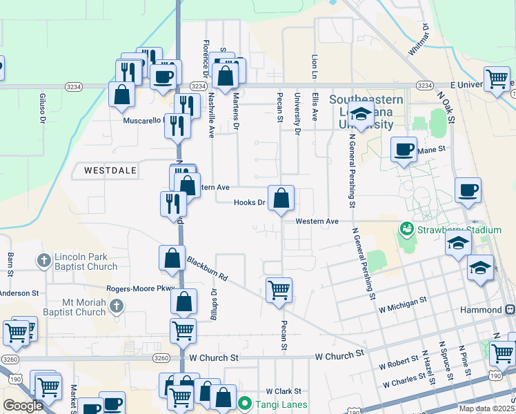map of restaurants, bars, coffee shops, grocery stores, and more near 1308 Hooks Drive in Hammond