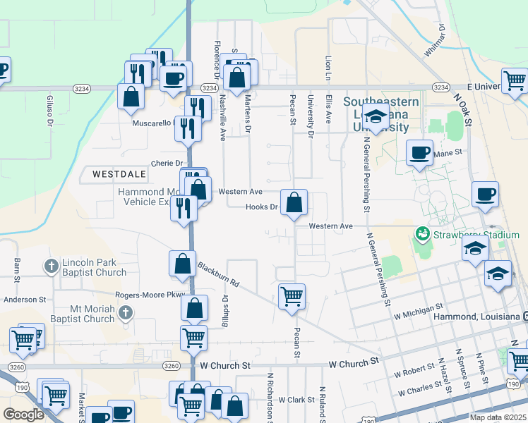 map of restaurants, bars, coffee shops, grocery stores, and more near 1308 Hooks Drive in Hammond