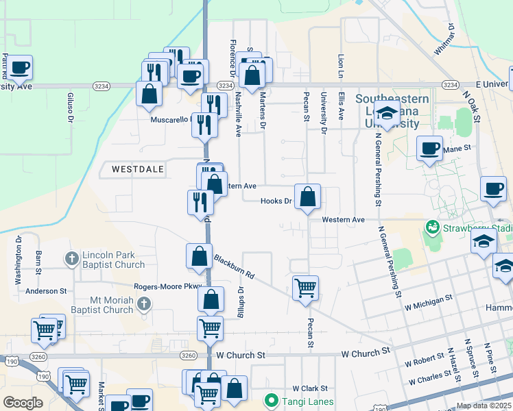 map of restaurants, bars, coffee shops, grocery stores, and more near 1414 Hooks Drive in Hammond