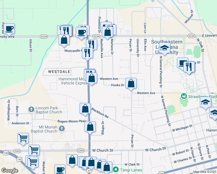 map of restaurants, bars, coffee shops, grocery stores, and more near 1414 Hooks Drive in Hammond
